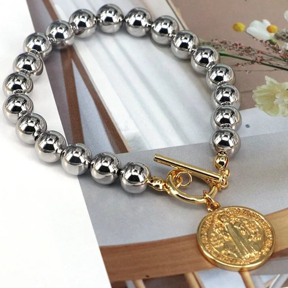Saint Benedict Religious Women Gold Plated Brass Bead Bracelet